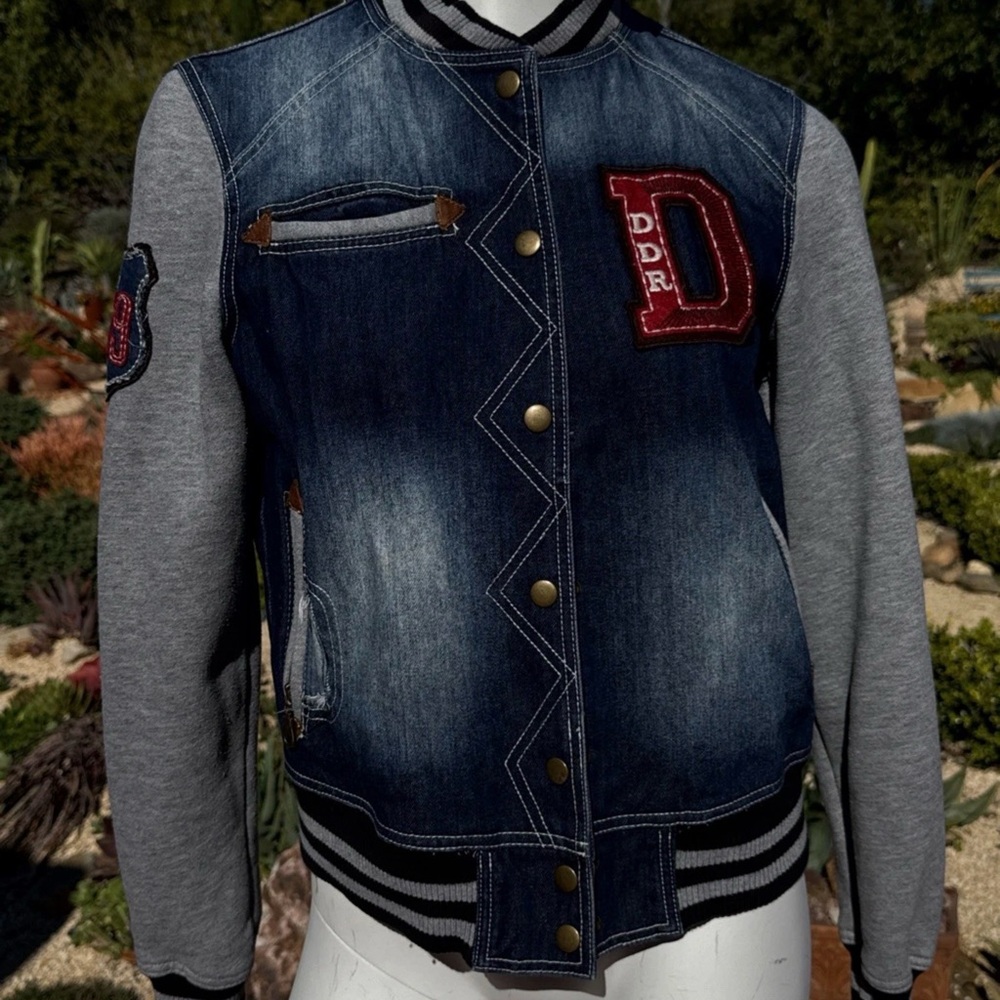 Double D Ranch Denim Varsity Chief Head Jacket with Gray Sleeves and Red Patch